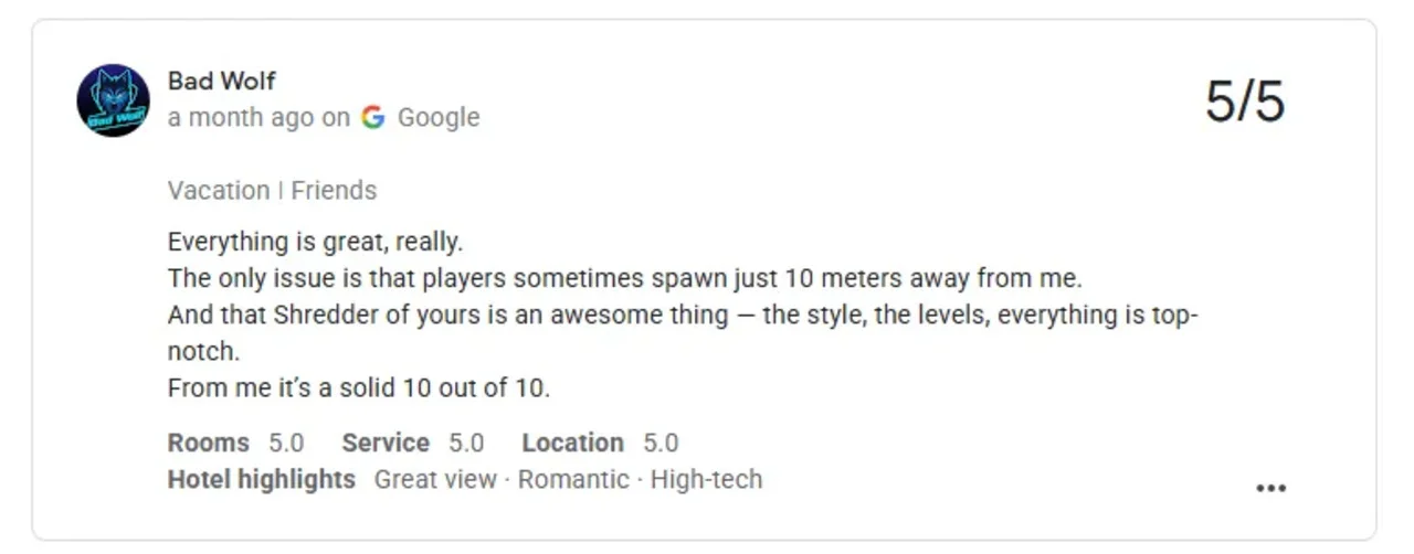 Всё действительно отлично. Единственная проблема — иногда игроки спавнятся всего в десяти метрах от меня. И этот ваш «Шреддер» — просто потрясающая штука: стиль, уровни, вообще всё на высшем уровне.  От меня — уверенные 10 из 10.